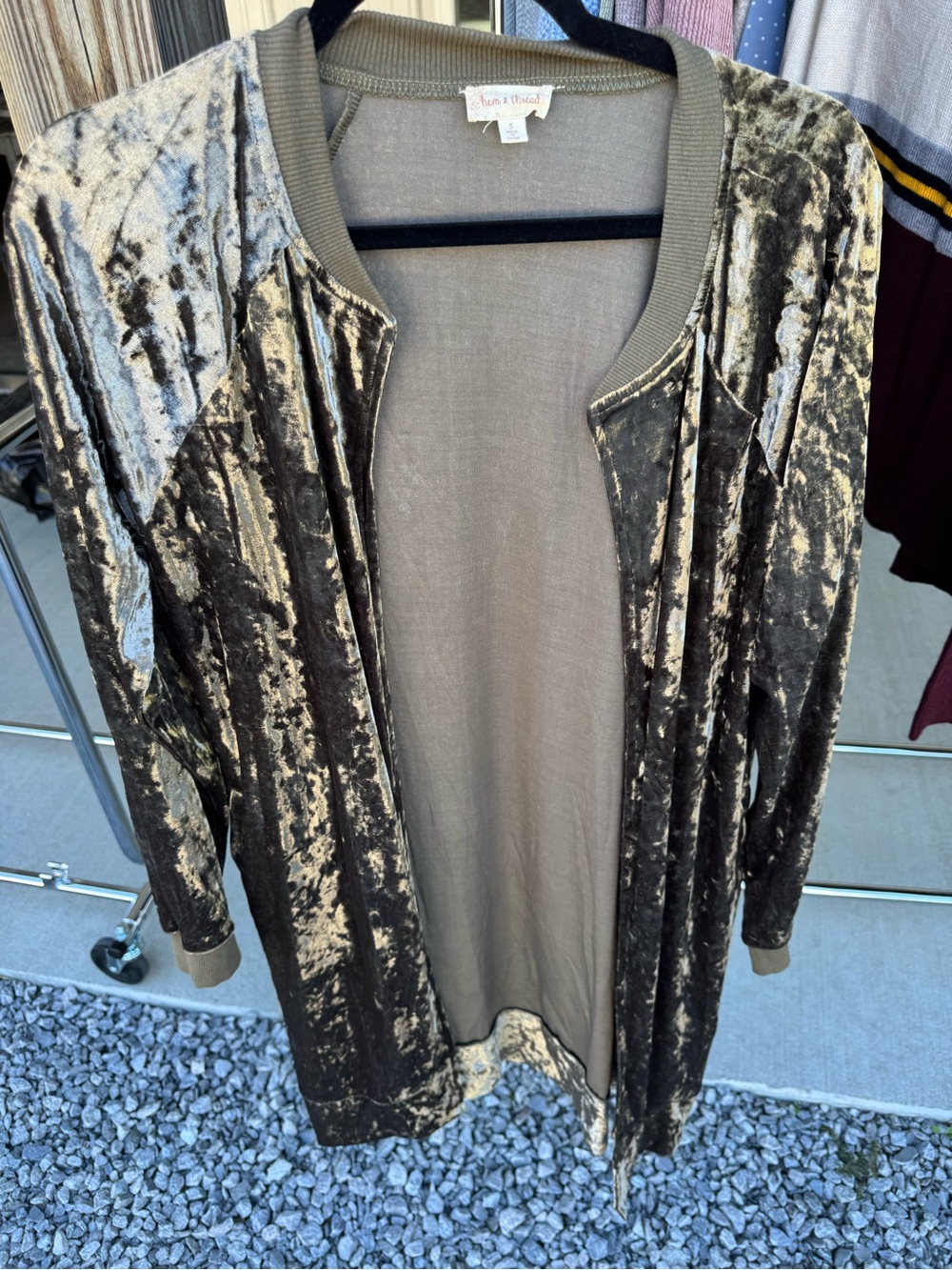 Hem & Thread Olive Taupe Crushed Velvet Open Cardigan